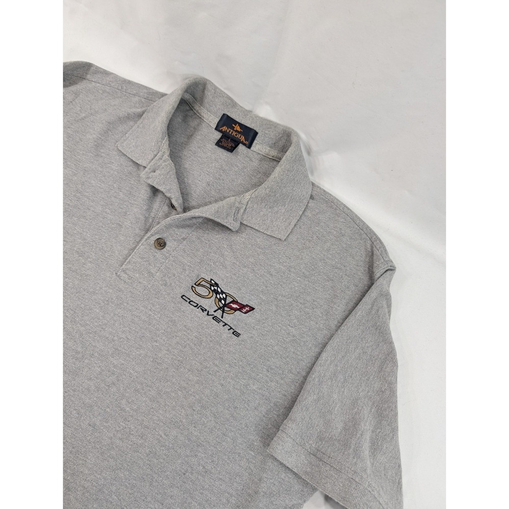 Vtg Antigua Corvette 100% Cotton Gray  Short Sleeve Collared‎ Polo Heavy Knit L